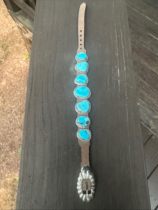Native American Jewelry - Navajo Dan Morgan Turquoise & Leather Sterling Silver Bracelet